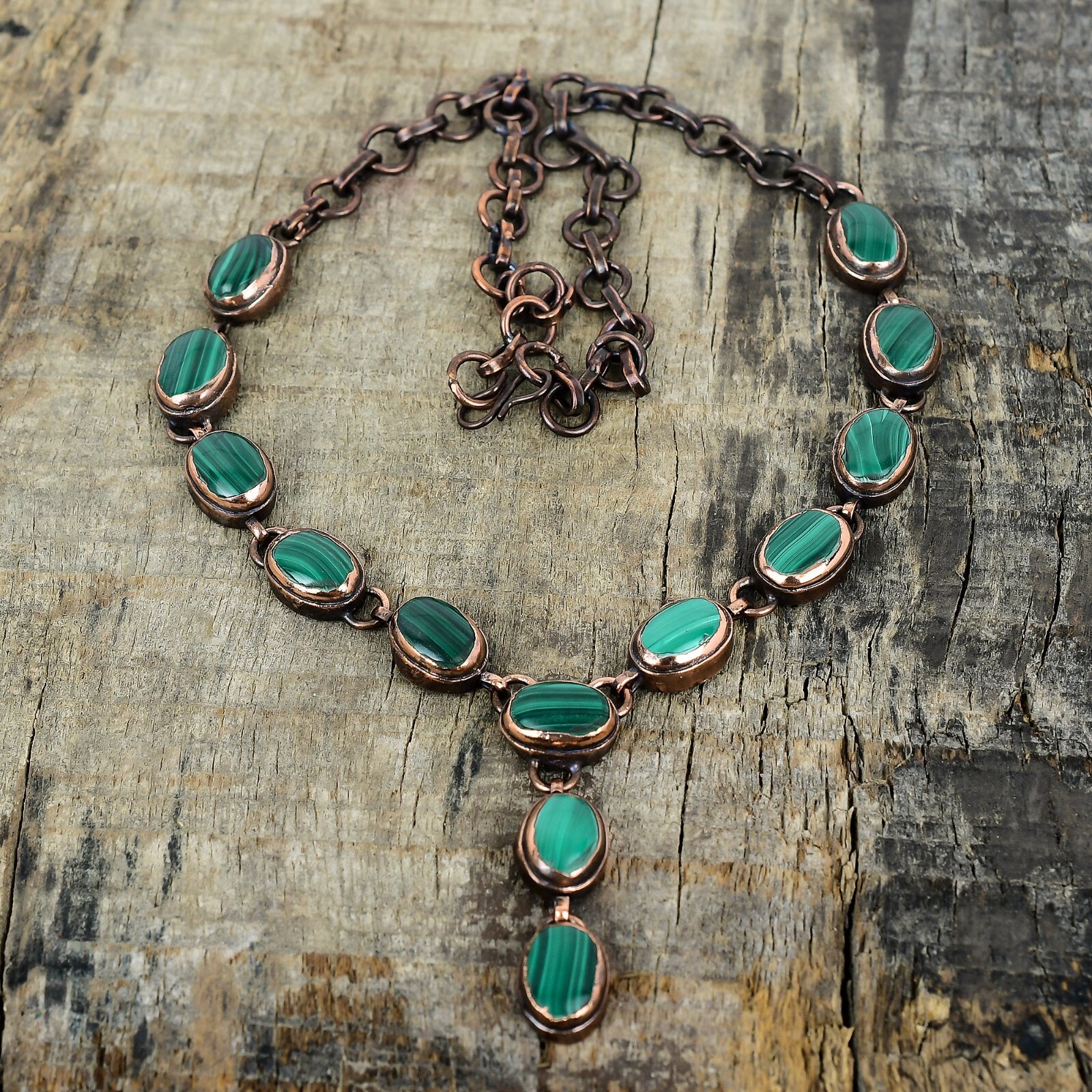 Valentines Sale Copper Malachite Gemstone Chain Electroformed Necklace Jewelry