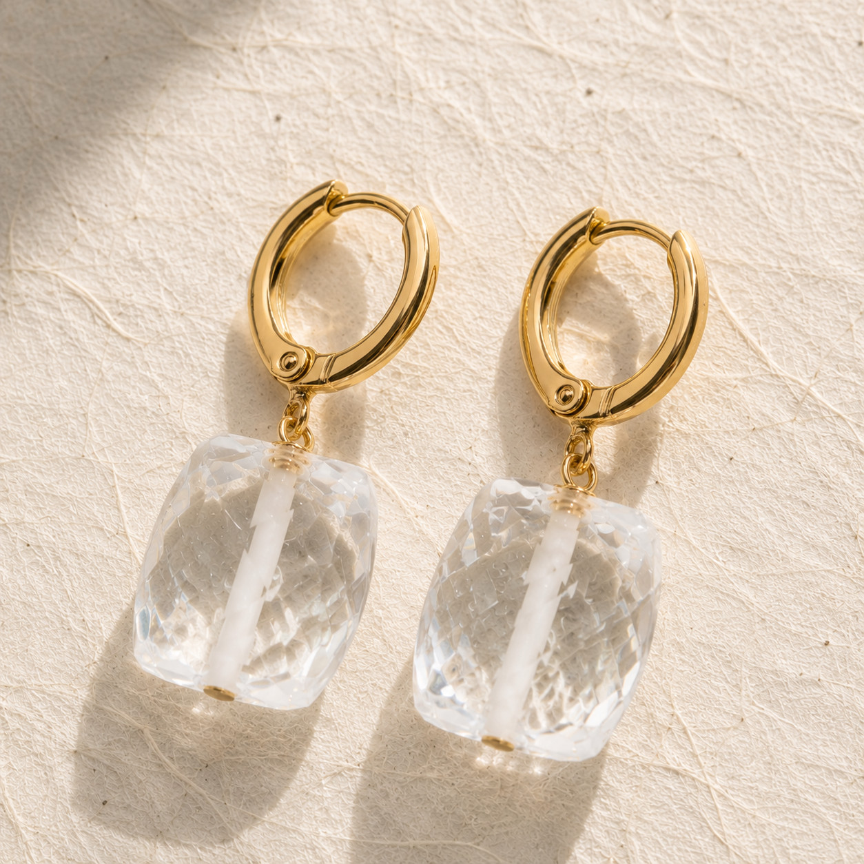 Natural Clear Quartz Cube Drop Earrings | 18K Gold Plated | Clarity & Focus