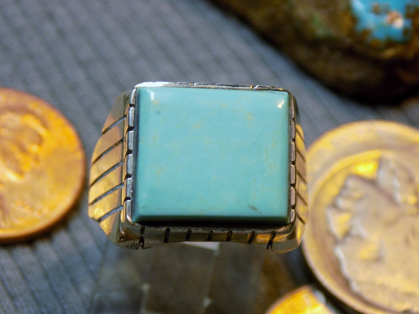 Mens Ring Sterling # 8 Turquoise stone Navajo Trevor Jack Size 8 3/4