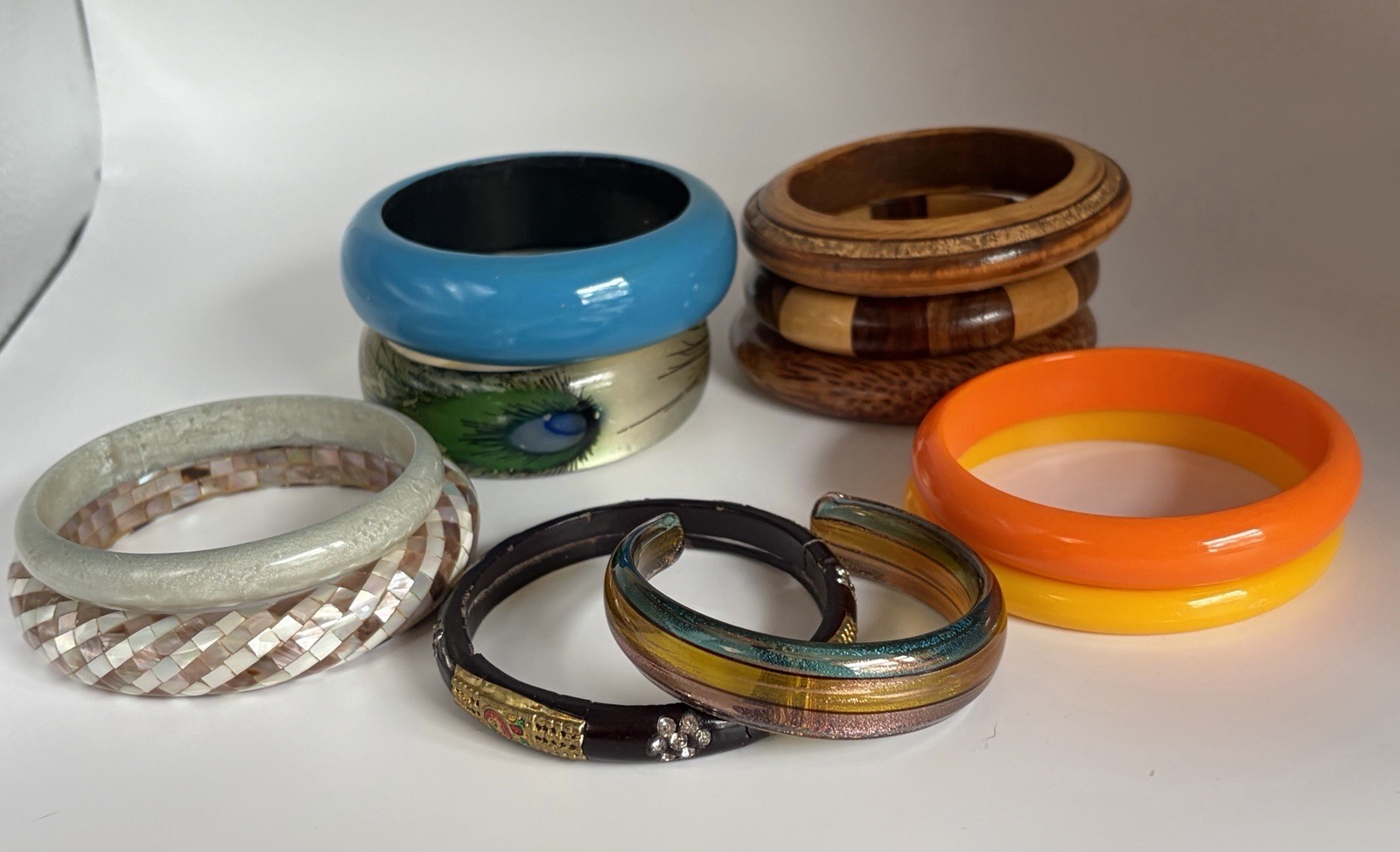 Vintage Bangle Bracelet Lot 11 Mixed Wood Acrylic Resin Lucite Boho As Is