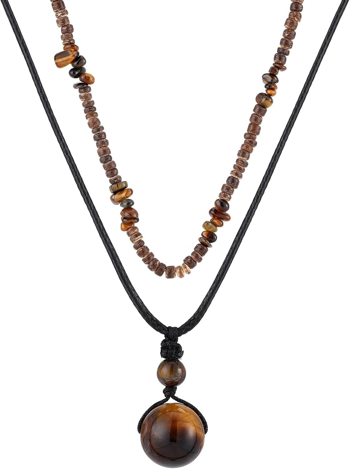 Adjustable Layered Necklace with Tiger’s Eye & Coconut – Perfect Summer Gift
