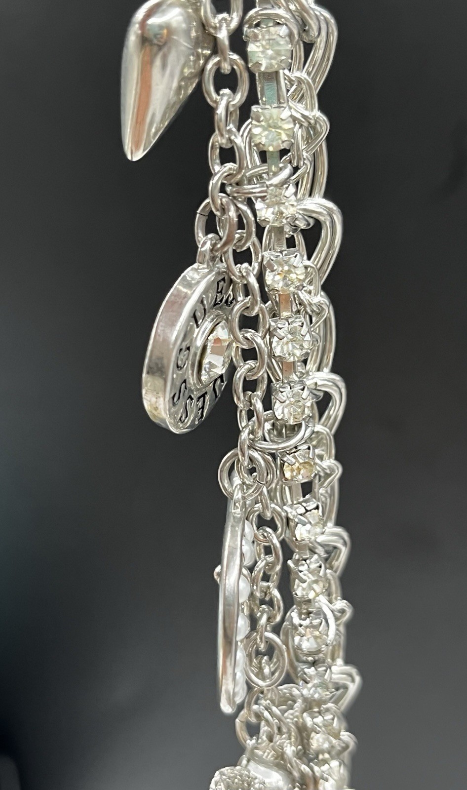 SILVER TONE GUESS CHARM MULTI CHAIN BRACELET MESH BOW HEART Rhinestone 7.25”
