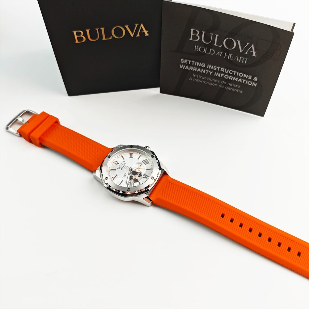Bulova 98A226 Marine Star Silver Dial Orange Silicon Starp Men’s 45MM Watch NEW