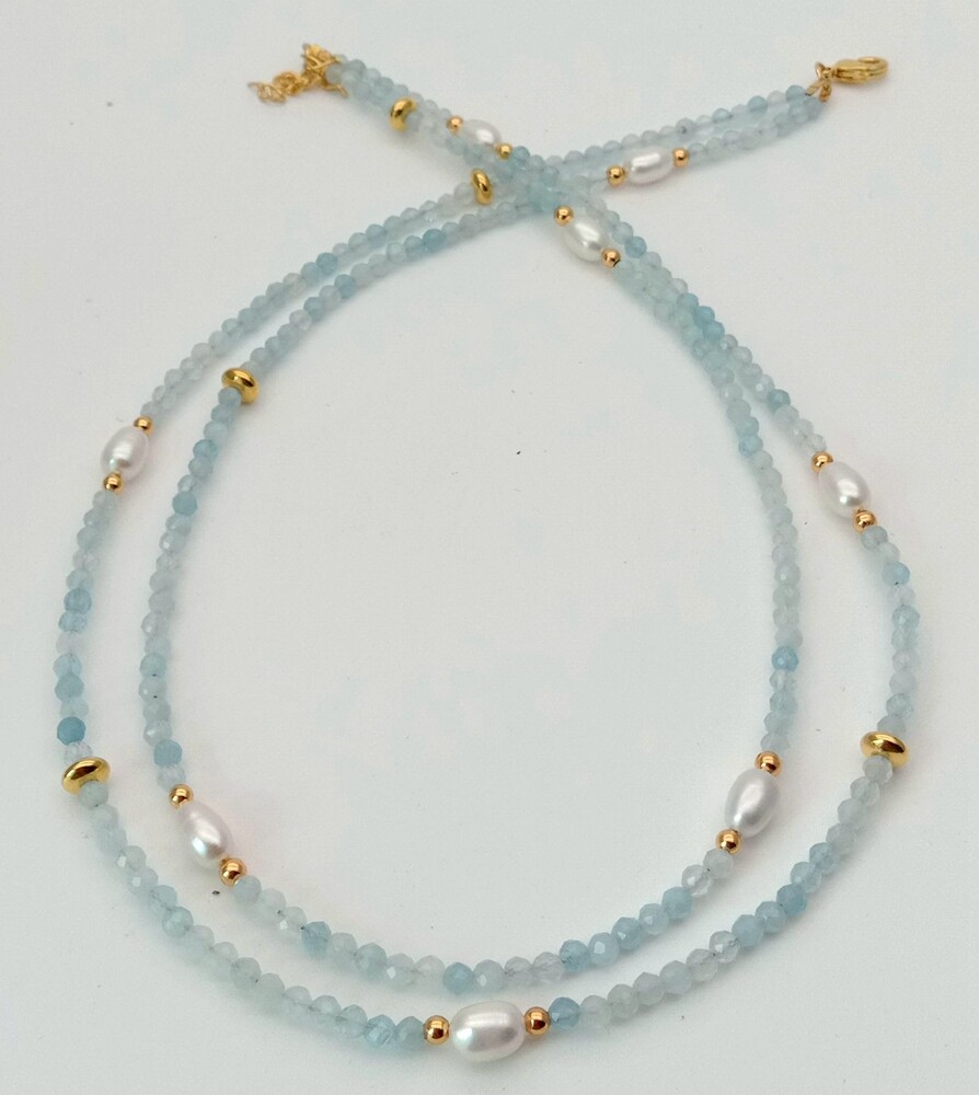 2 rows Natural faceted Aquamarine Cultured white Pearl Necklace 17.5″