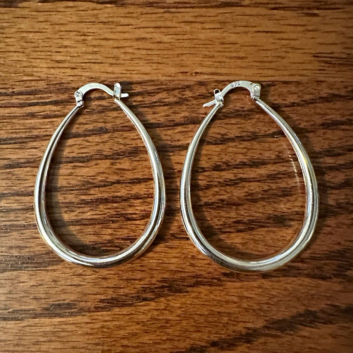 925 Sterling Silver Oval Hoop Earrings Snap Closure Signed No Stone