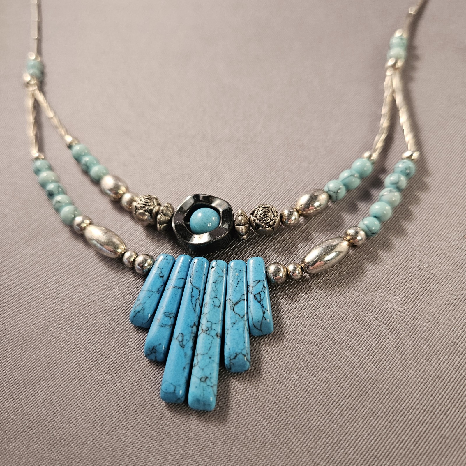 Lot 3 Boho Turquoise Colors, Silver Tone Necklaces Cord Beaded Chain 16 36in