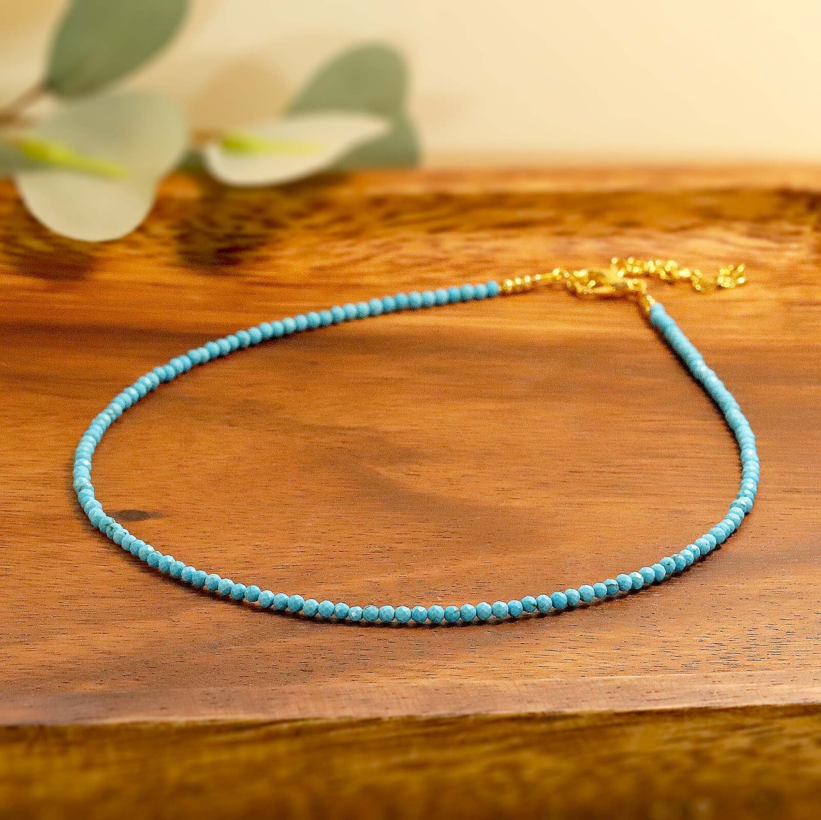 Tiny Turquoise Faceted Beaded Choker, 2mm Blue Natural Gemstone Beaded Necklace