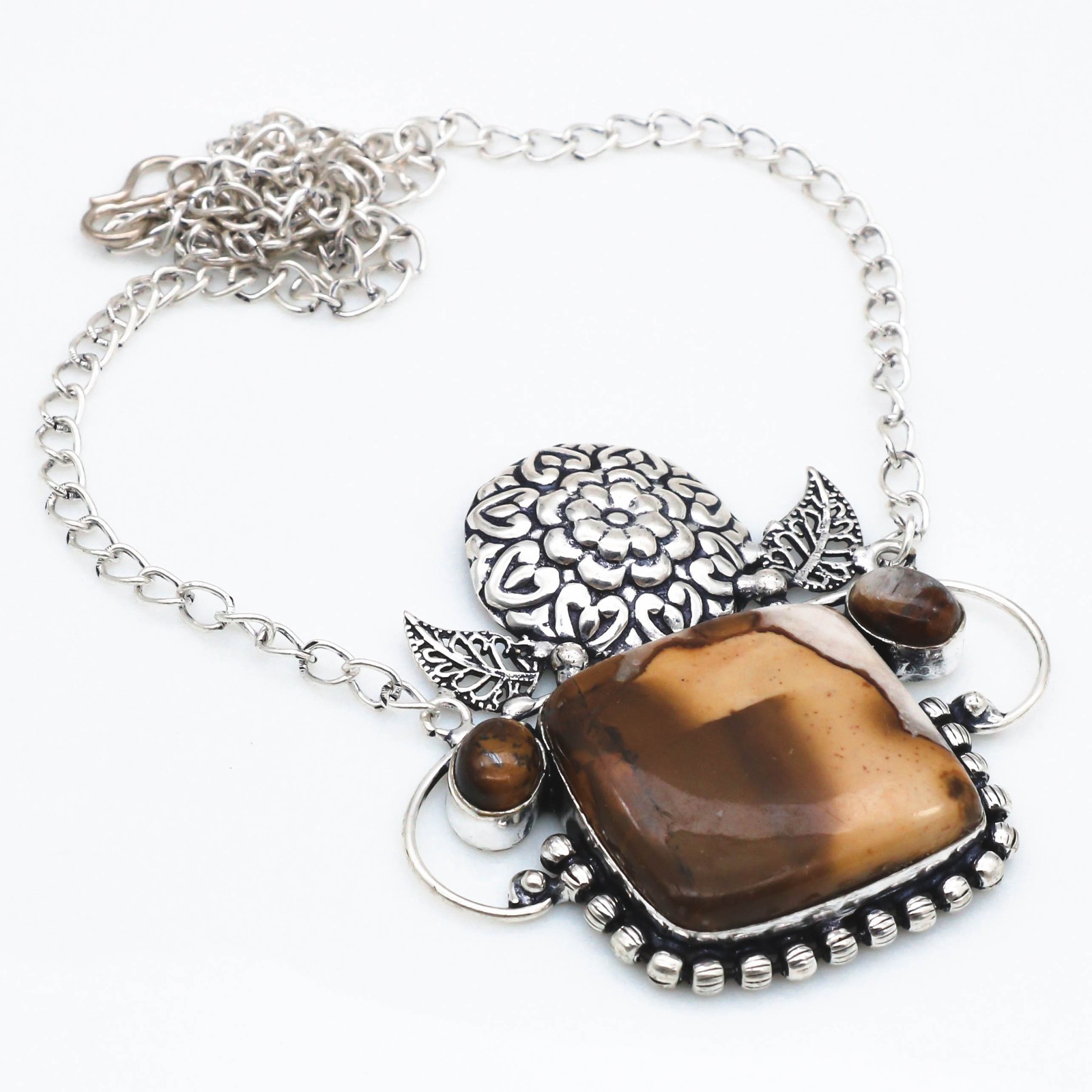 Peanut Wood Jasper Tiger’s Eye Gemstone 925 Sterling Silver Jewelry Necklace 18″