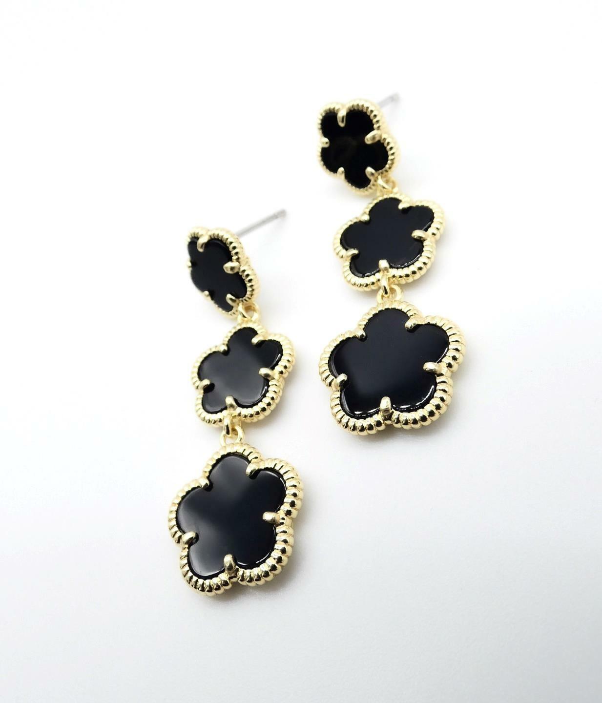 EXQUISITE Lightweight 18kt Gold Plated Triple Black Onyx 5 Petal Flower Earrings