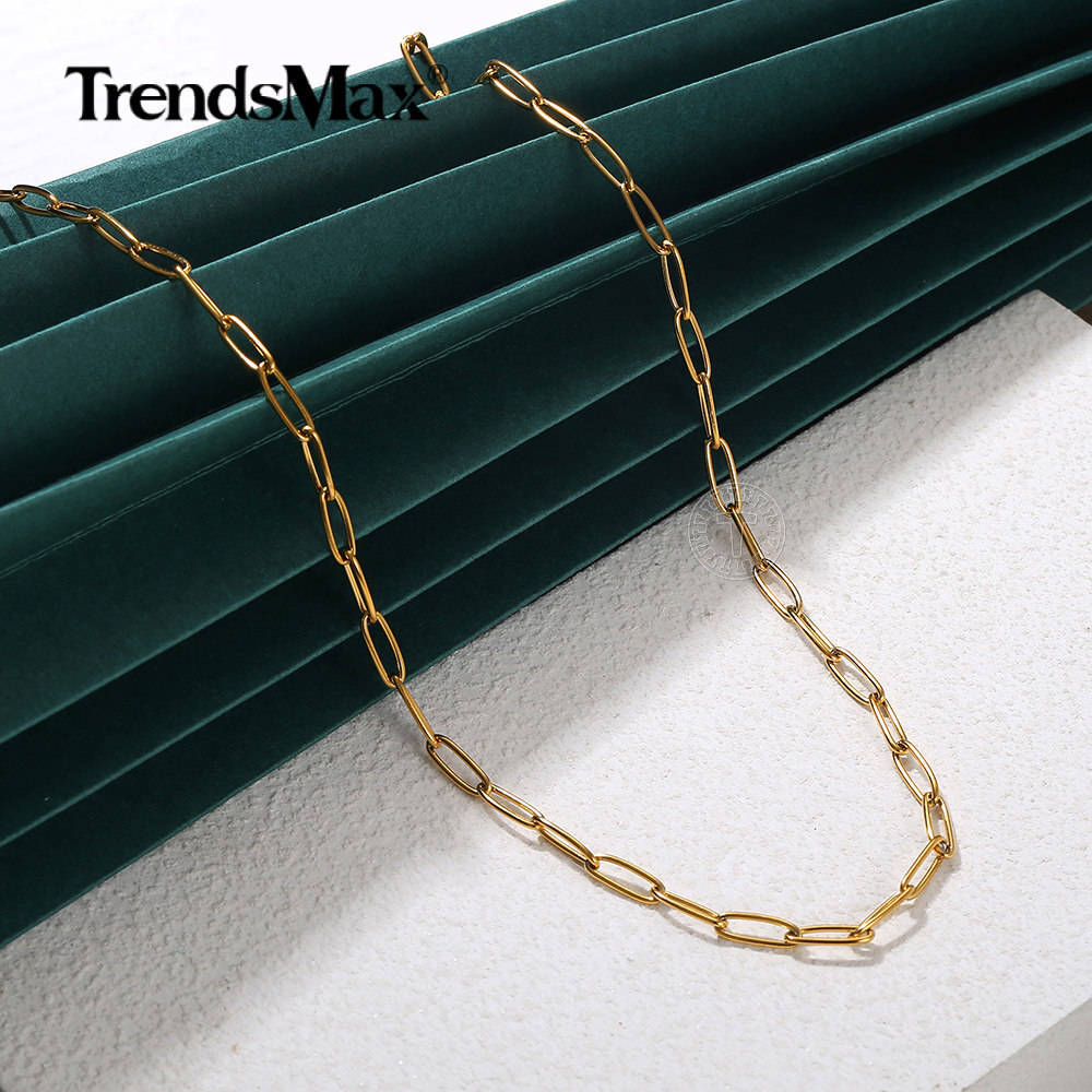 4MM 16+18+20″ Gold Plated Stainless Steel Paperclip Chain Necklaces Chokers 3Pcs