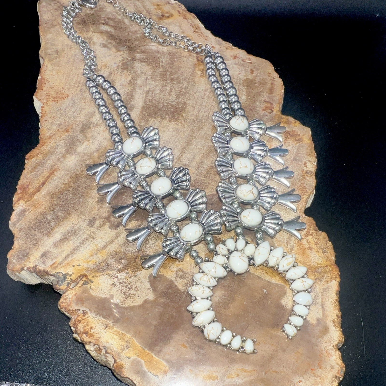 Silver Tone White Howlite Cabochon Statement Necklace, Crescent Charm Pendant