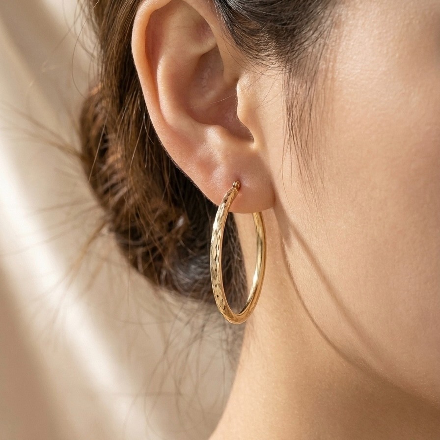 10K Yellow Gold Diamond Cut Hoop Earrings 30mm x 2mm Sparkling Everyday Hoops
