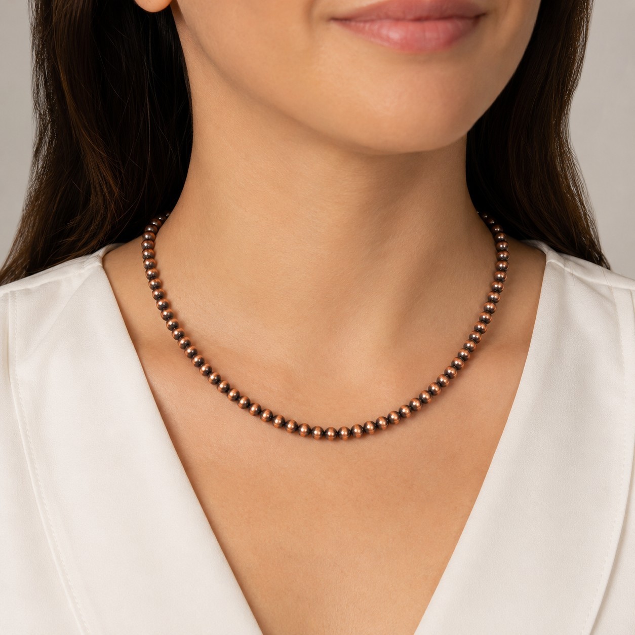 Solid Copper Navajo Desert Pearl Necklace 5mm Oxidized Beads 17-19″ Southwestern