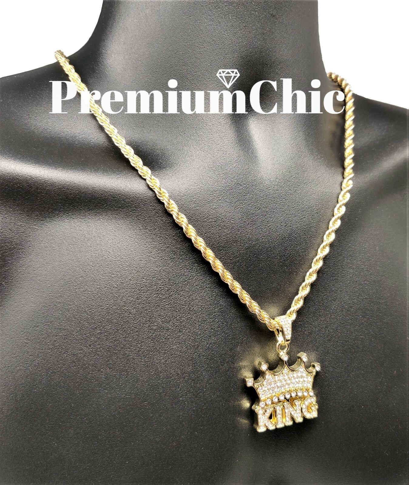 ICED Crowned King Pendant Necklace Choker with Rope Chain Mens Plated CZ Jewelry
