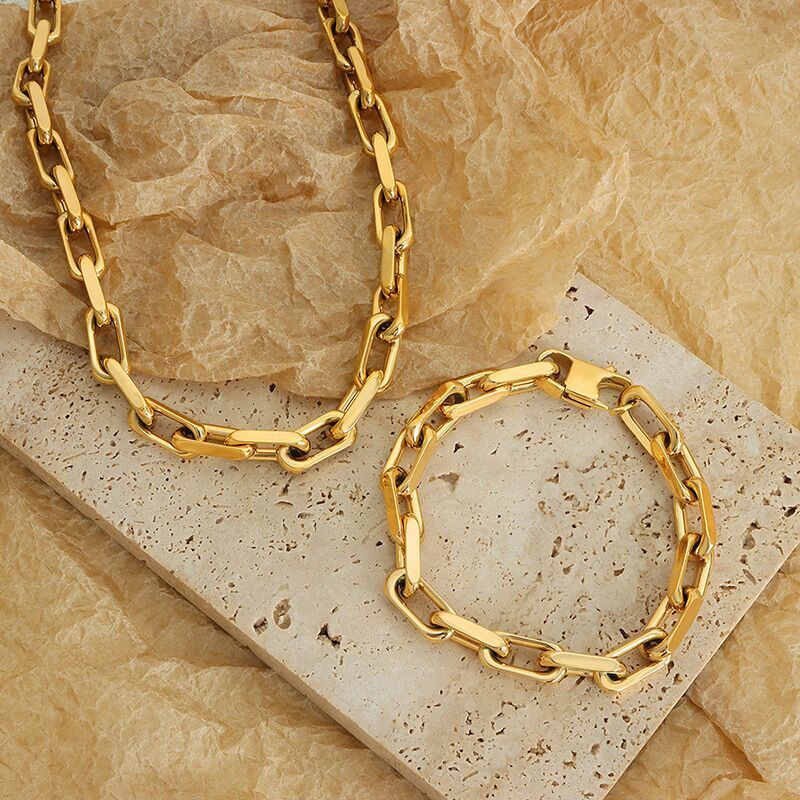 7.5mm Wide Woman 18k Gold Plated Link Chain Paper Clip Necklace Bracelet
