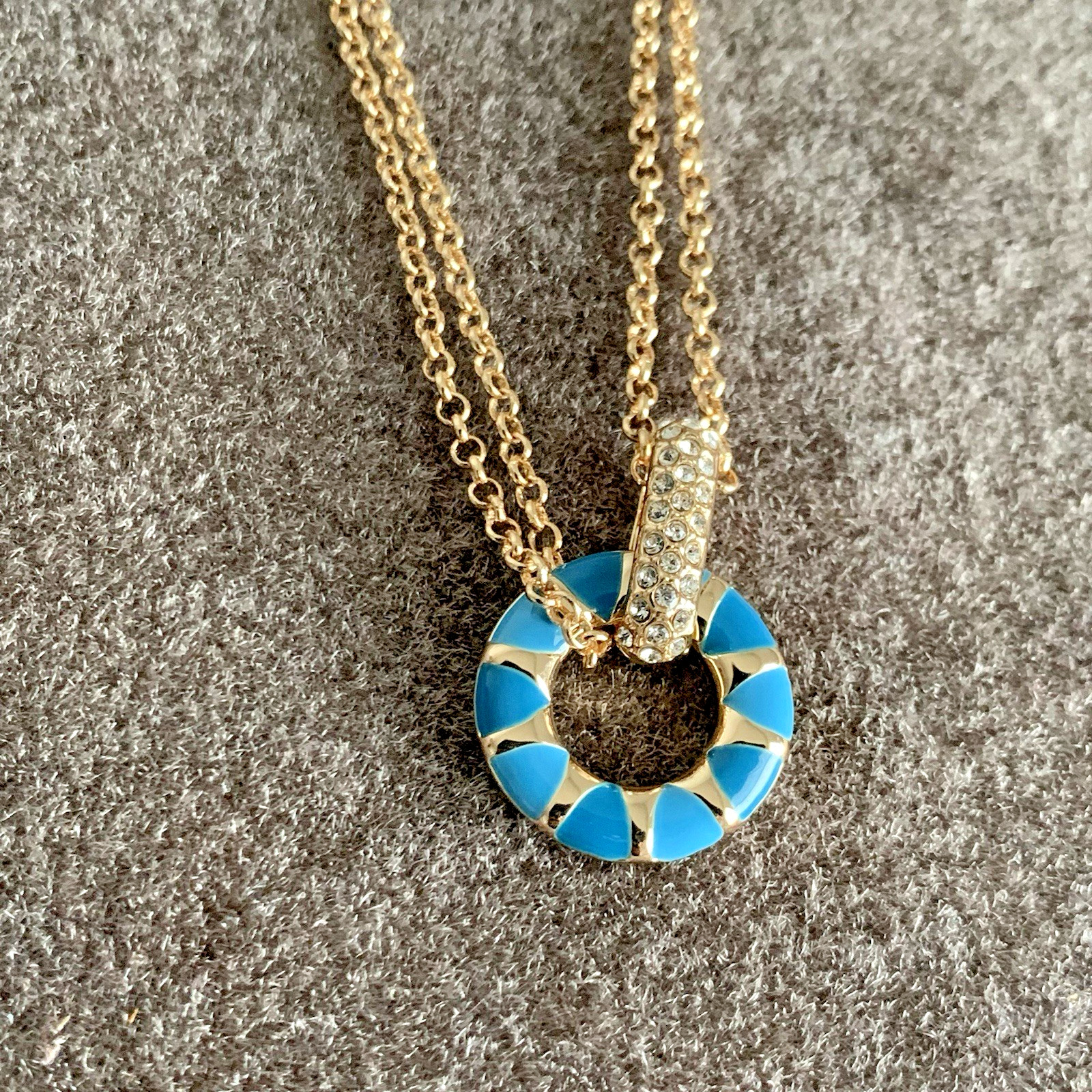 On 34th Blue Enamel Crystal Pendant In Gold Tone Necklace 16″ + 2″ ext.