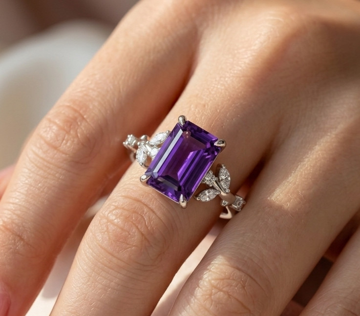 4.40 Ct Certified Emerald Cut Purple Natural Diamond Ring VVS1 White Gold Finish