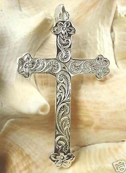 26MM SOLID 925 STER SILVER HAND-ENGRAVED HAWAIIAN ROYALTY SCROLLS CROSS PENDANT