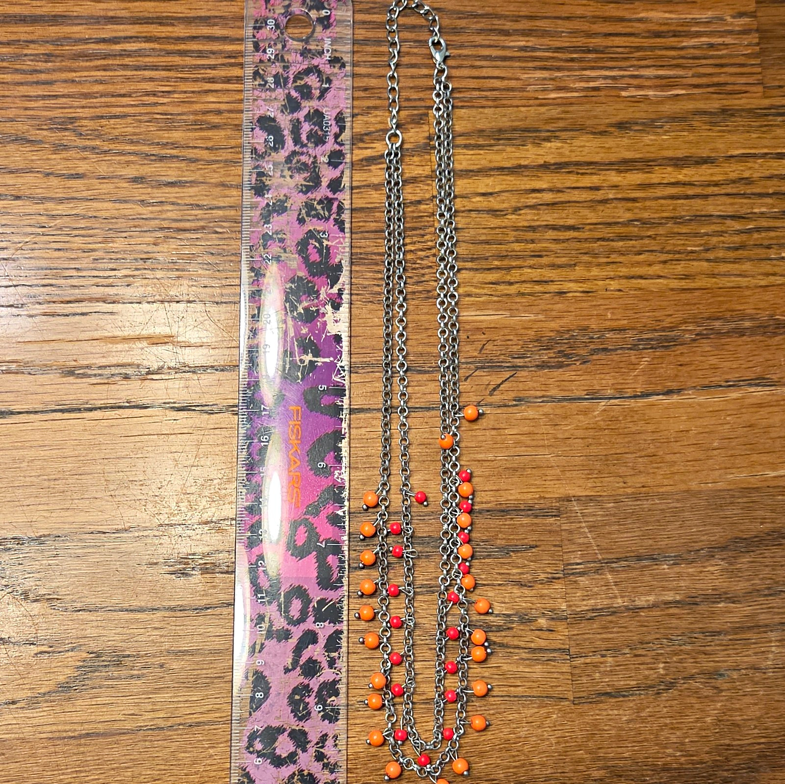 Silver Tone Layered Cable Chain Necklace, Orange & Red Bead Dangles, Lobster