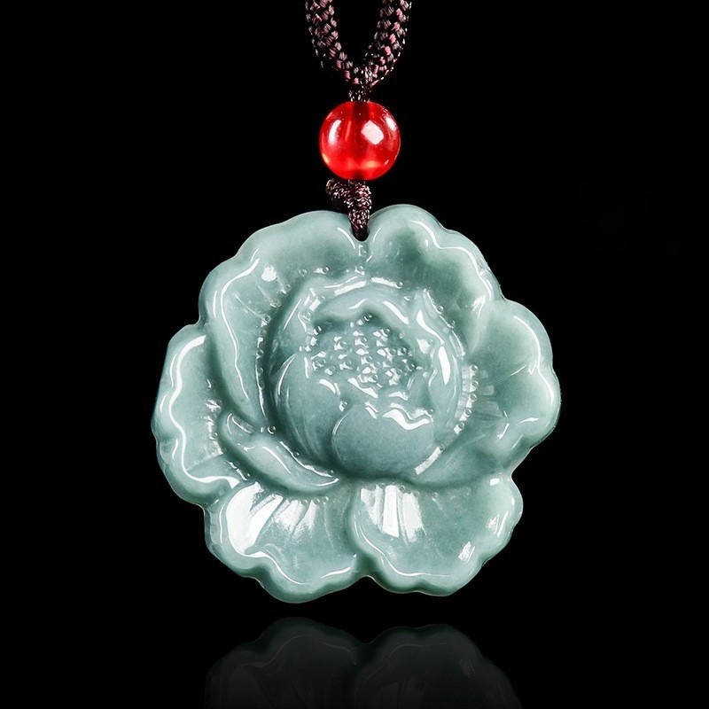 Certified Green Natural A Jade jadeite Carved Peony Flower Luck Pendant Necklace