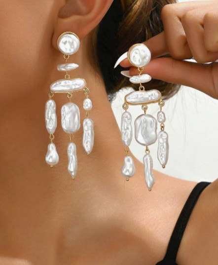 White Baroque Pearl Clip On Earrings Long Drop Dangle Chandelier