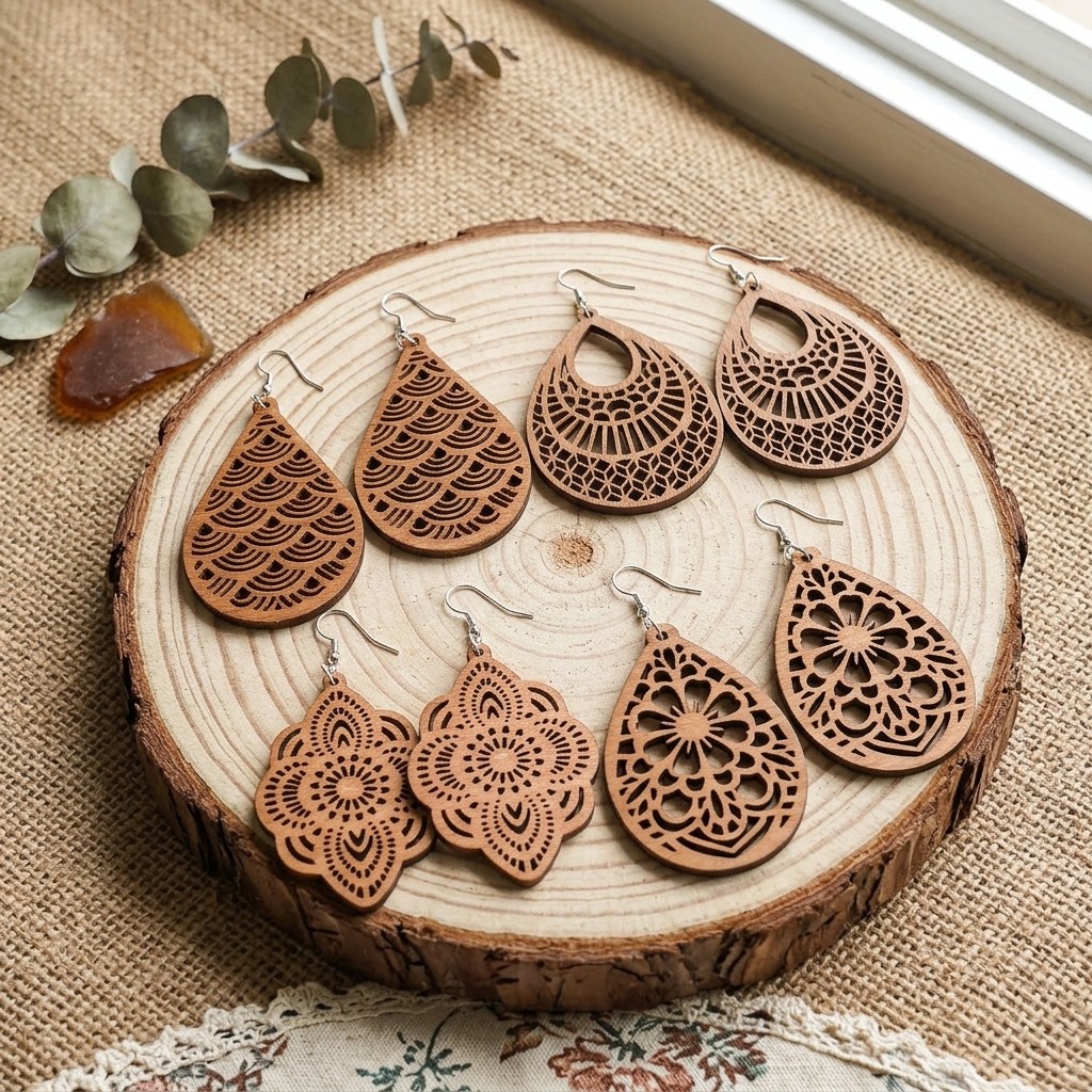 Boho Floral Teardrop Wooden Earrings 4 Pairs Laser Cut Filigree Dangle Set