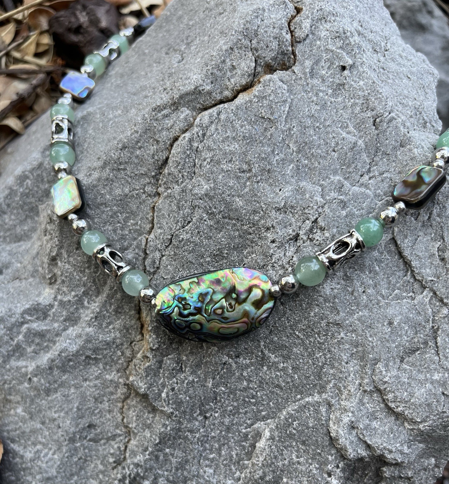 Abalone Pendant Necklace ~ Green Aventurine, Abalone & Stainless Accents 20″