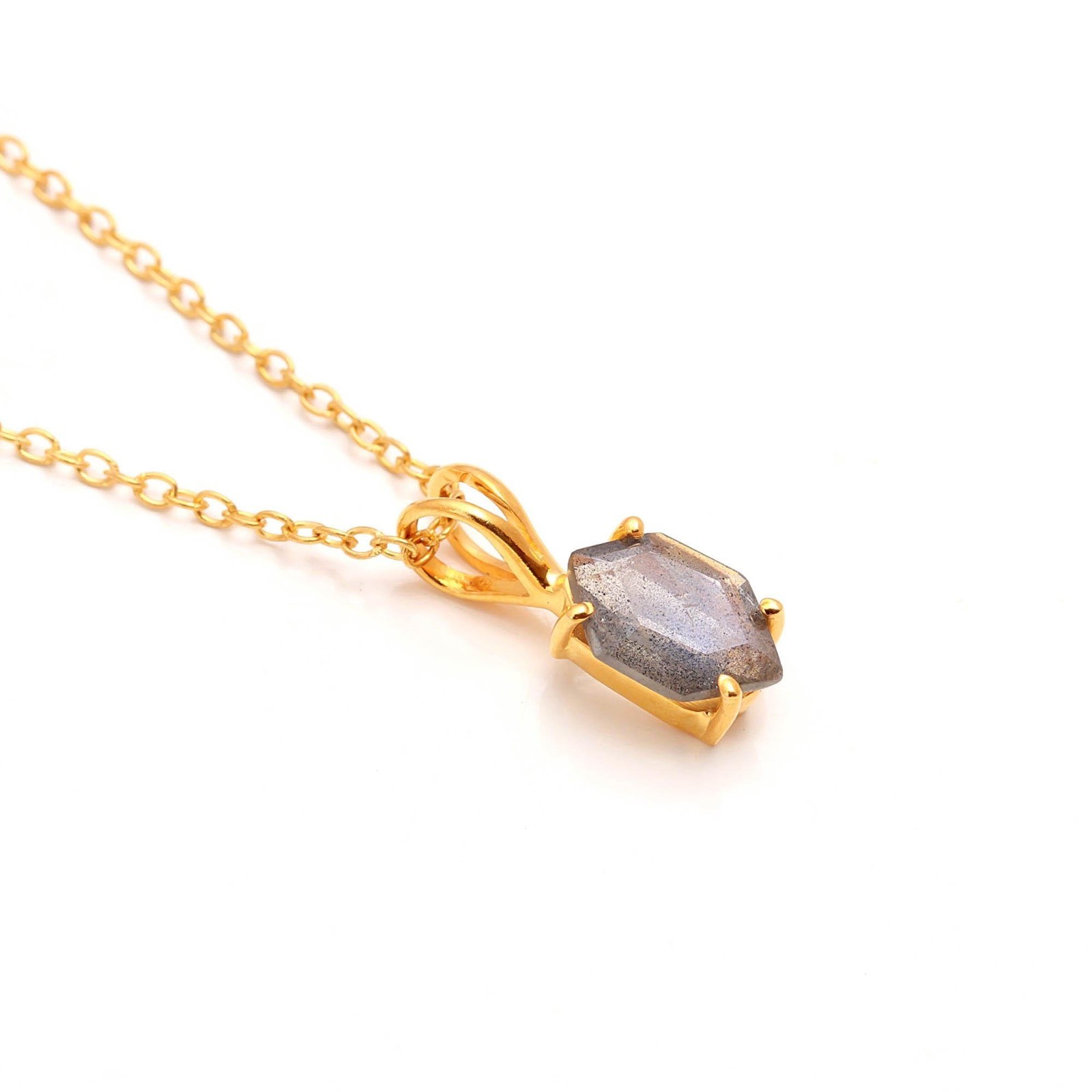 Natural Labradorite Hexagon Chain Pendant Gold Fill 925 Sterling Silver Jewelry