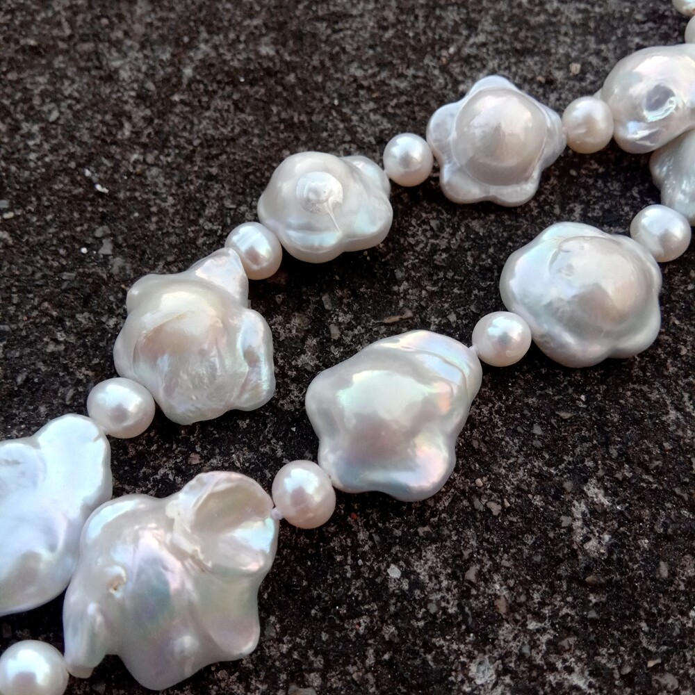 2 Strands Cultured Pearl Necklace Flower Shape Keshi Pearl Necklaces For Women