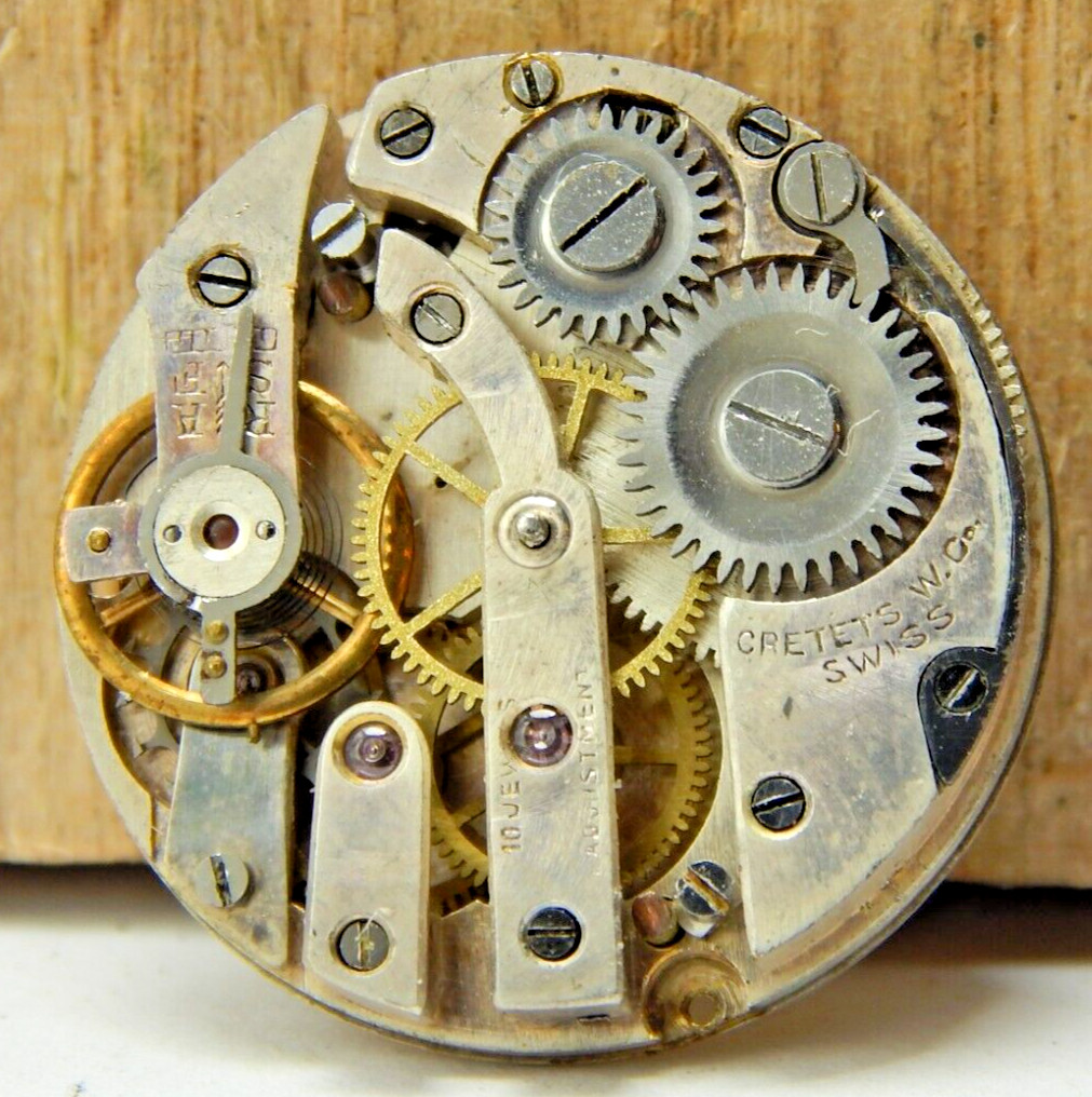 Vintage Cretet watch co 10 jewel 1 adjustment 8/0 size pocket watch movement