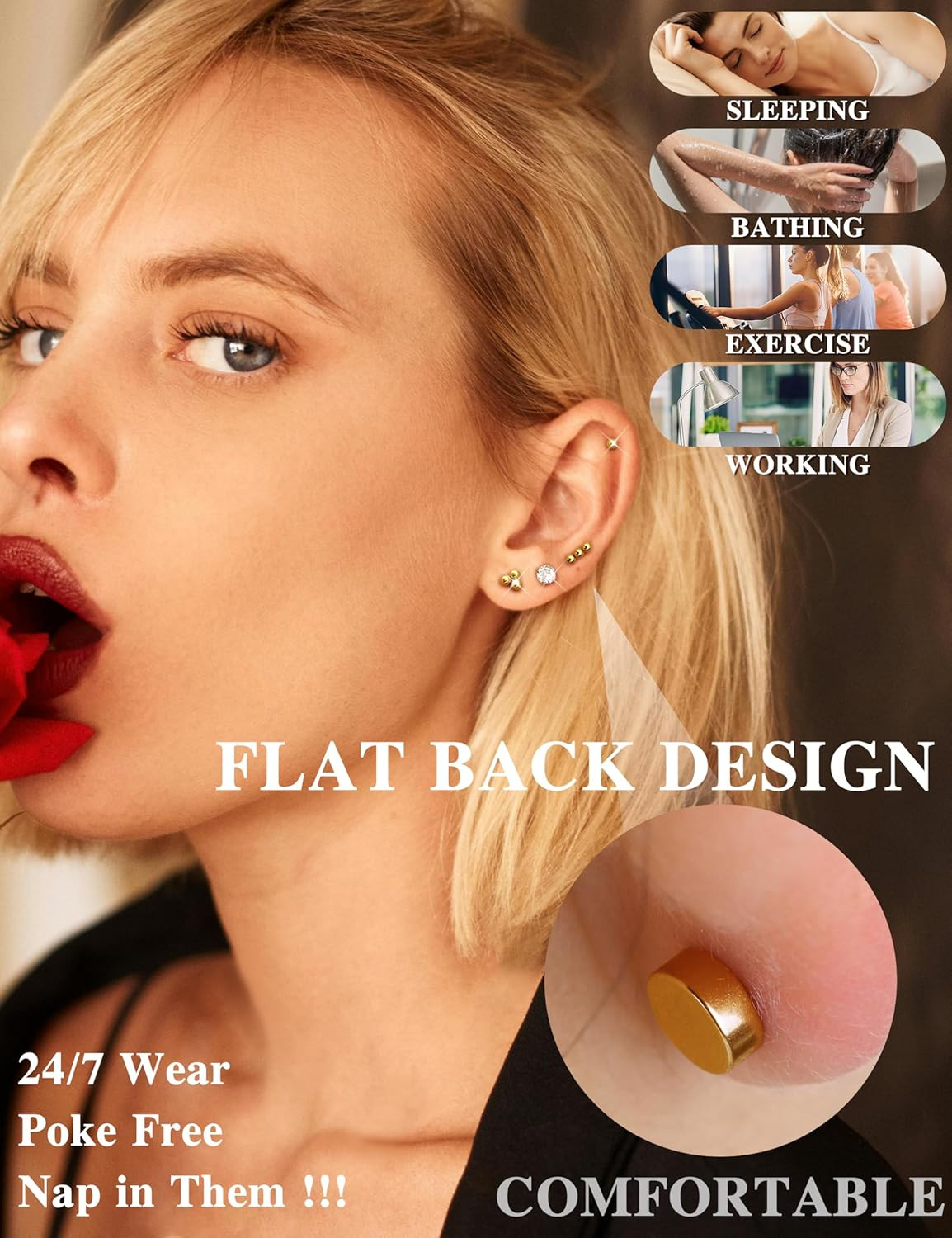 Small Hypoallergenic Flat Back Stud Earrings for Women Men 14K Gold Plated Surgi