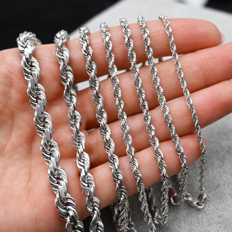 10K White Gold Rope Chain Bracelet Diamond Cut Real Gold 1mm-5mm 7-9in