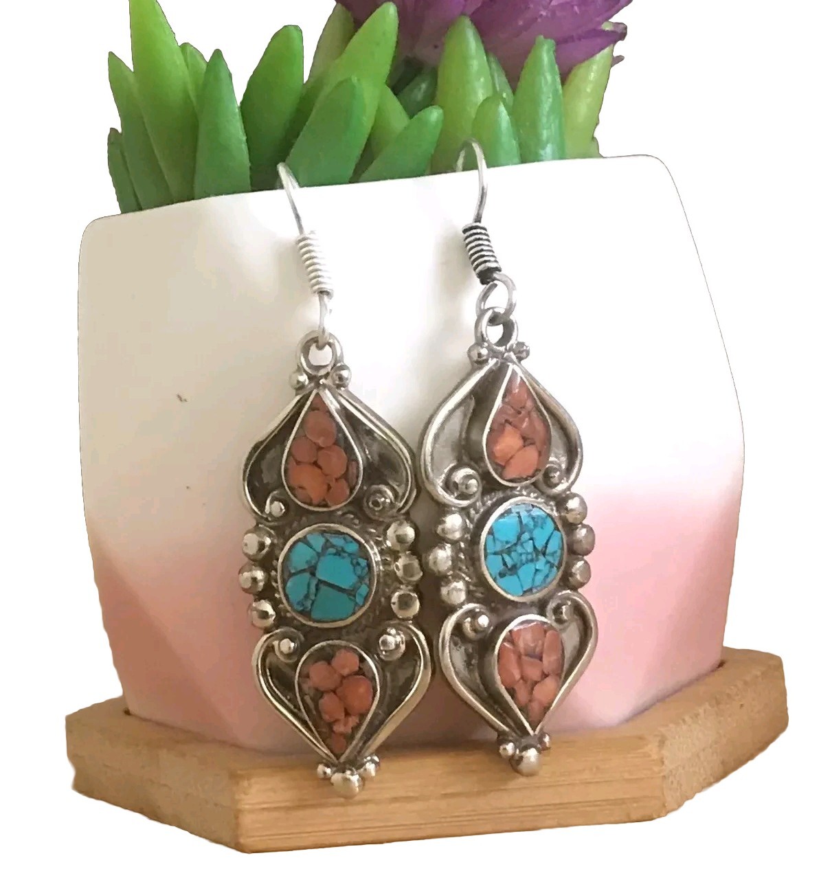 Vintage Turquoise Coral Earrings Handmade Bohemian Tibetan Silver Oxidised
