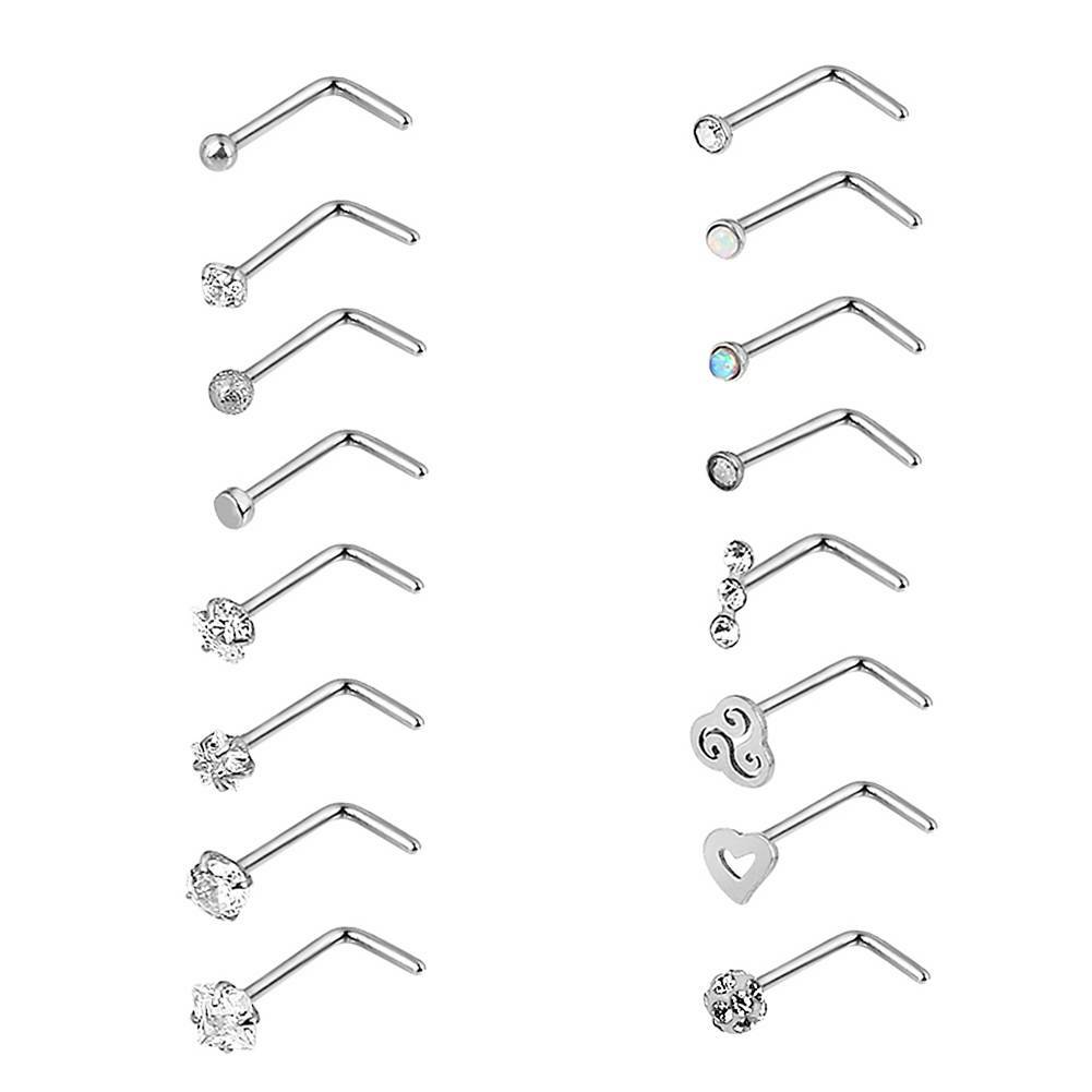 16pcs/lot CZ Surgical Steel Nose Rings L Shaped Stud Body Piercing Jewelry 20G