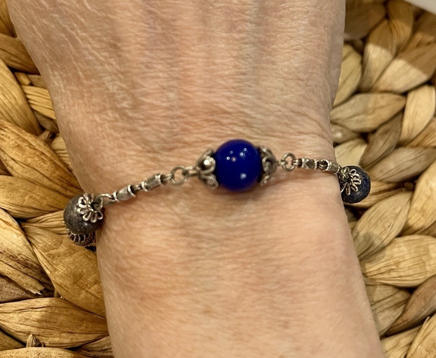 Vtg 3 Stone Sterling Plated Bracelet Lapis Lazuli Boho Victorian Revival 6.5in
