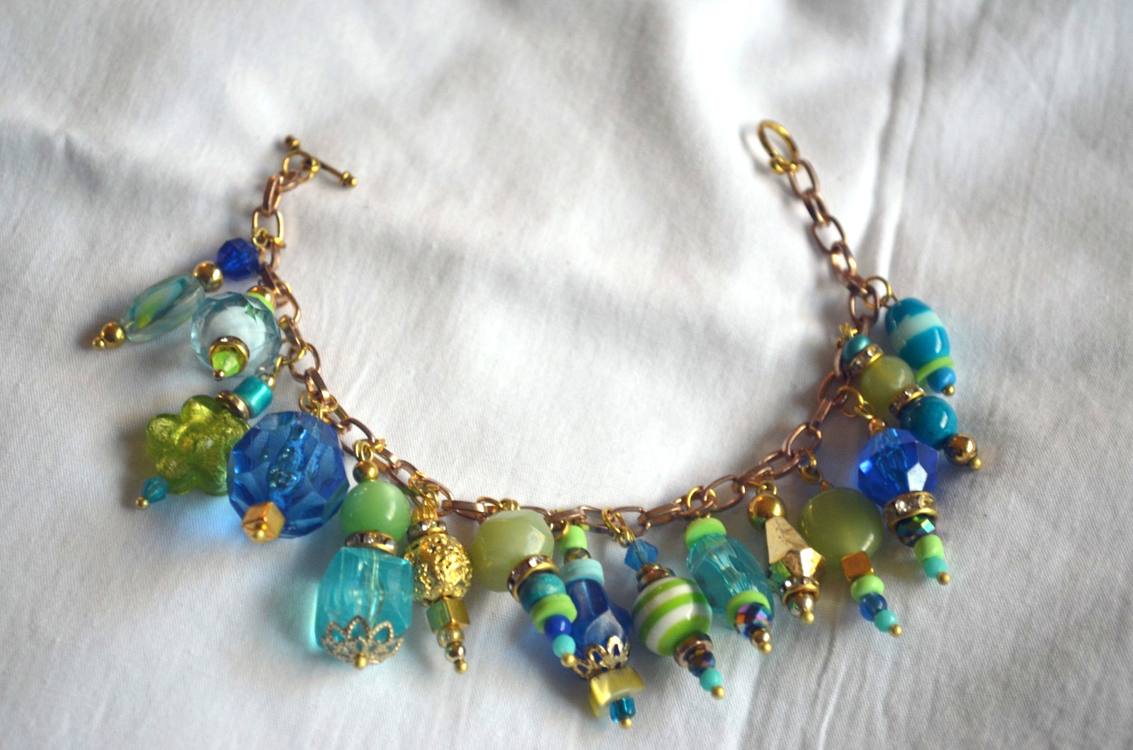 Blue Green Gold Beaded Charm Rhinestone Dangle Bracelet Handmade