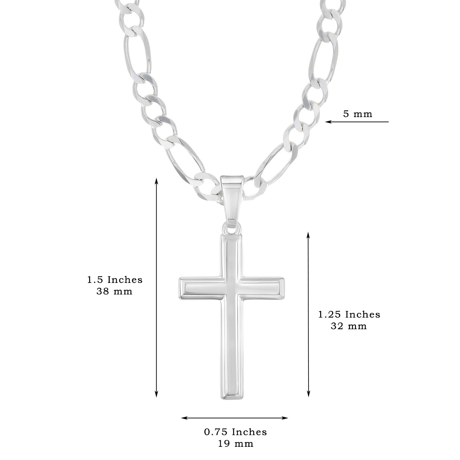 Mens Solid Sterling Silver Traditional Cross Necklace Italian Figaro Chain Gift