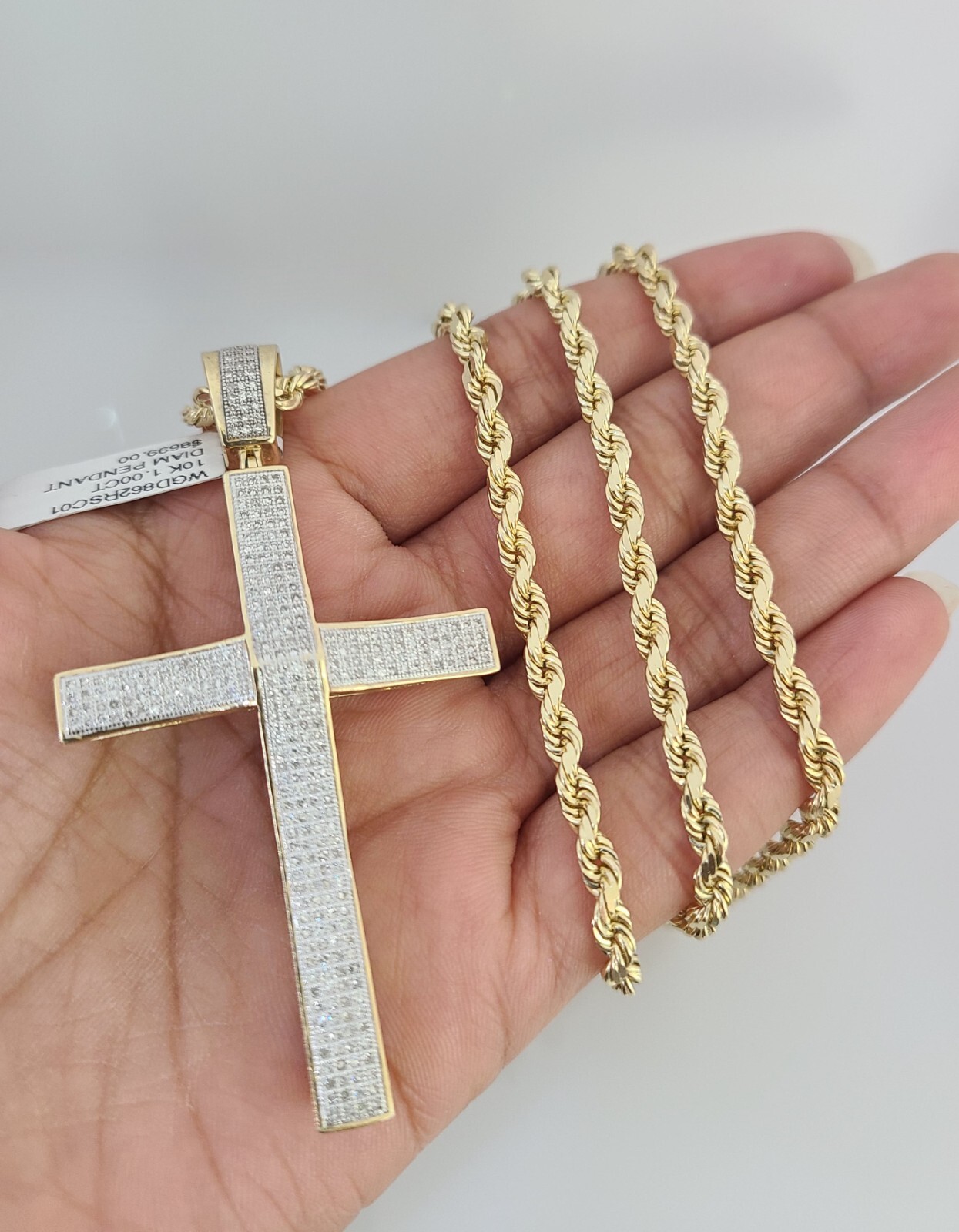 10k Solid Rope Chain Jesus Cross Charm Diamond Set 4mm 20″-28″ Necklace Gold