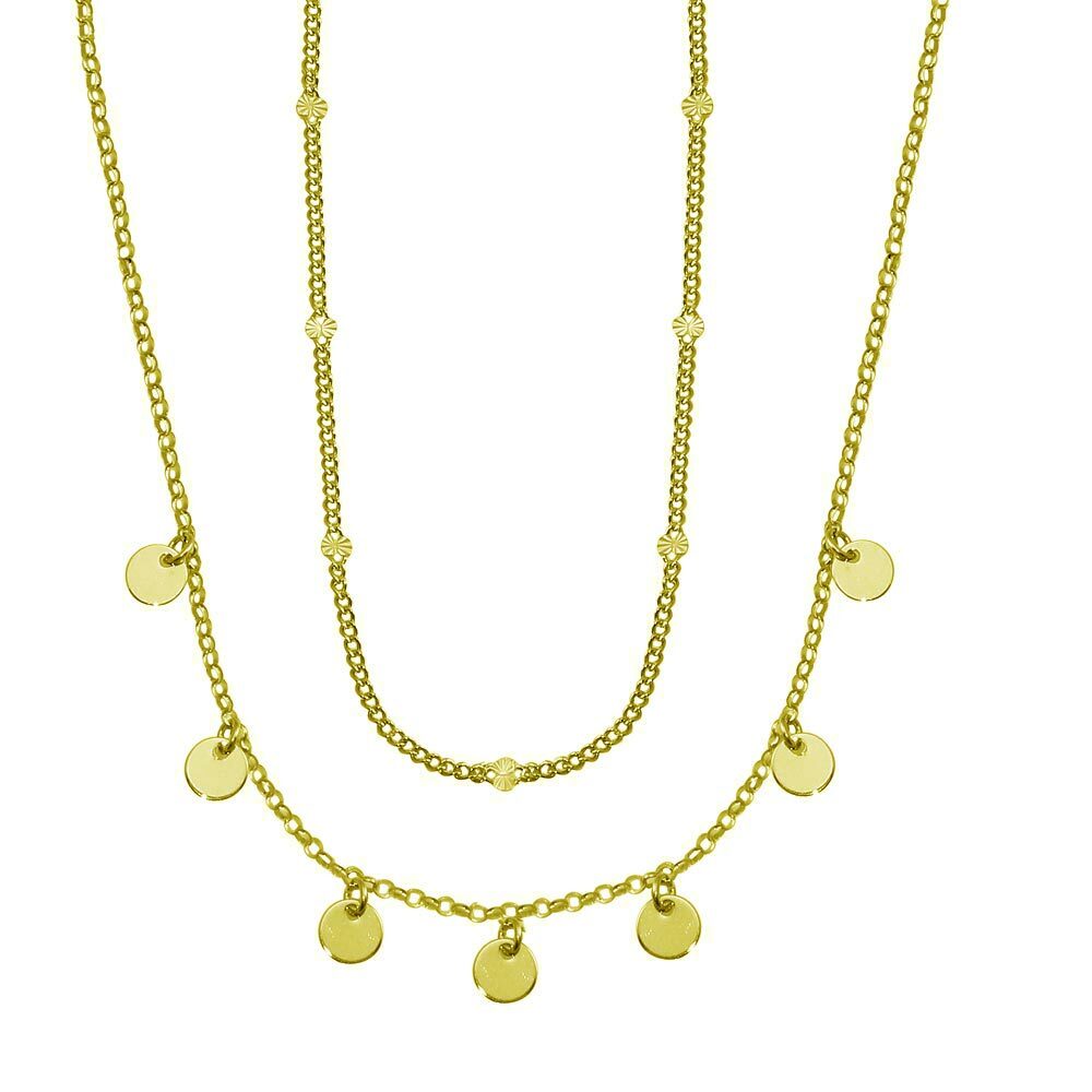 14K YELLOW GOLD OVER STERLING SILVER MULTI-CHAIN DANGLING DISC CHARM NECKLACE