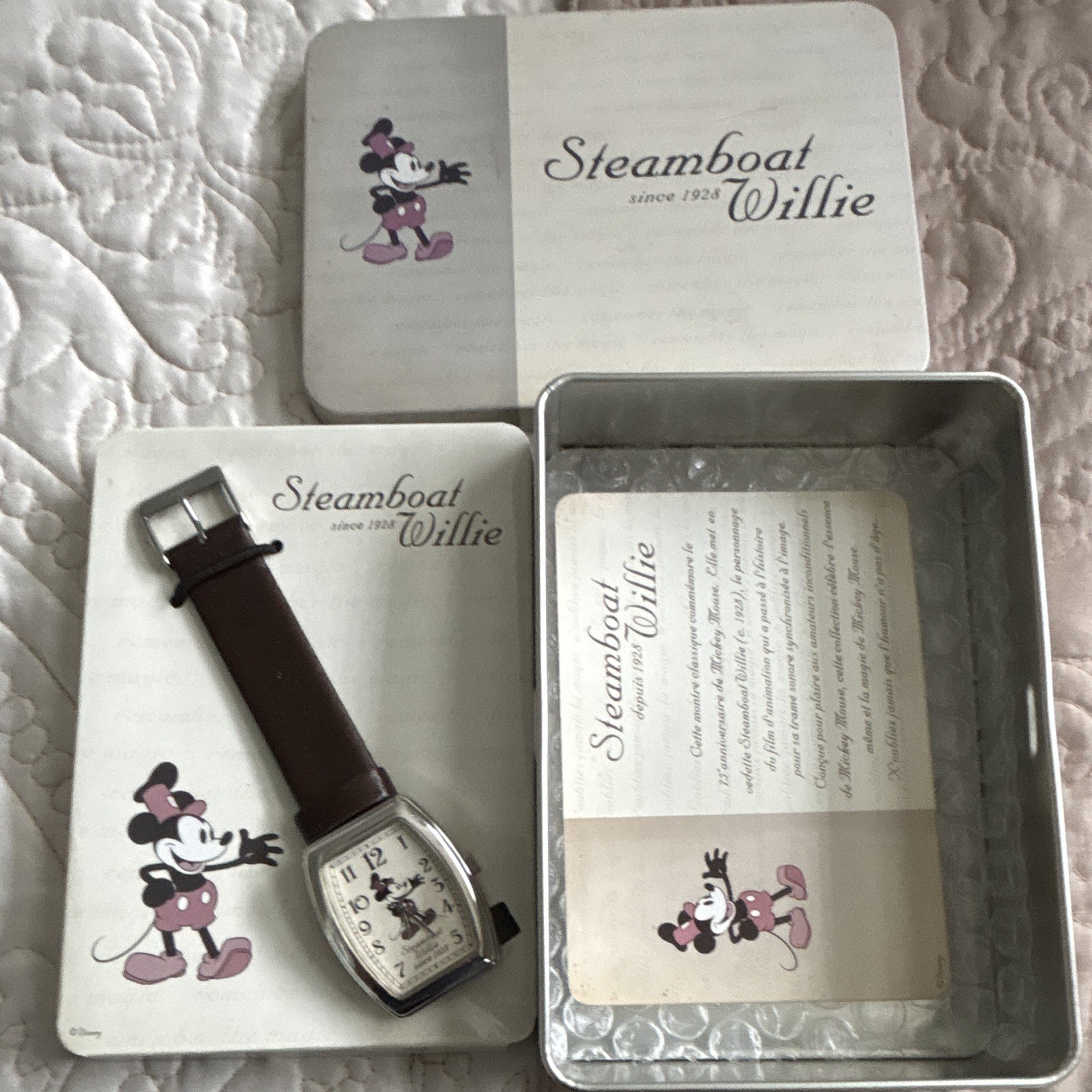 Disney Steamboat Willie Quartz Analog White Dial Silver Case Brown Leather