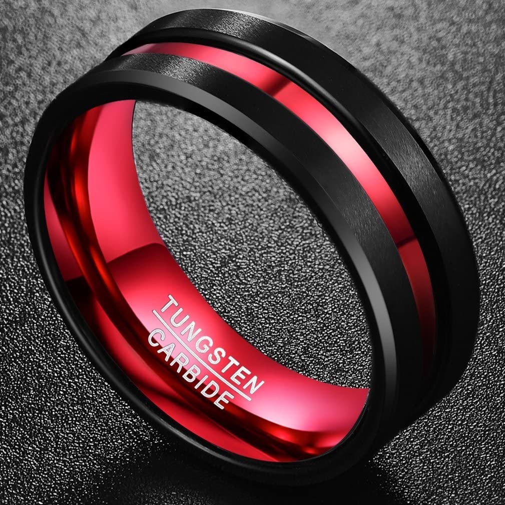 Men’s 8mm Tungsten Wedding Band Ring – Black Red/Blue/Rose Gold, Matte Finish, B