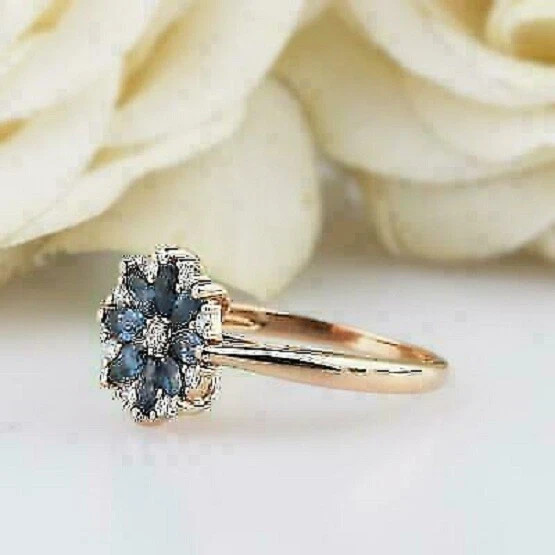 1.50Ct Marquise Lab-Created Sapphire Flower Engagement Ring 14K Rose Gold Plated