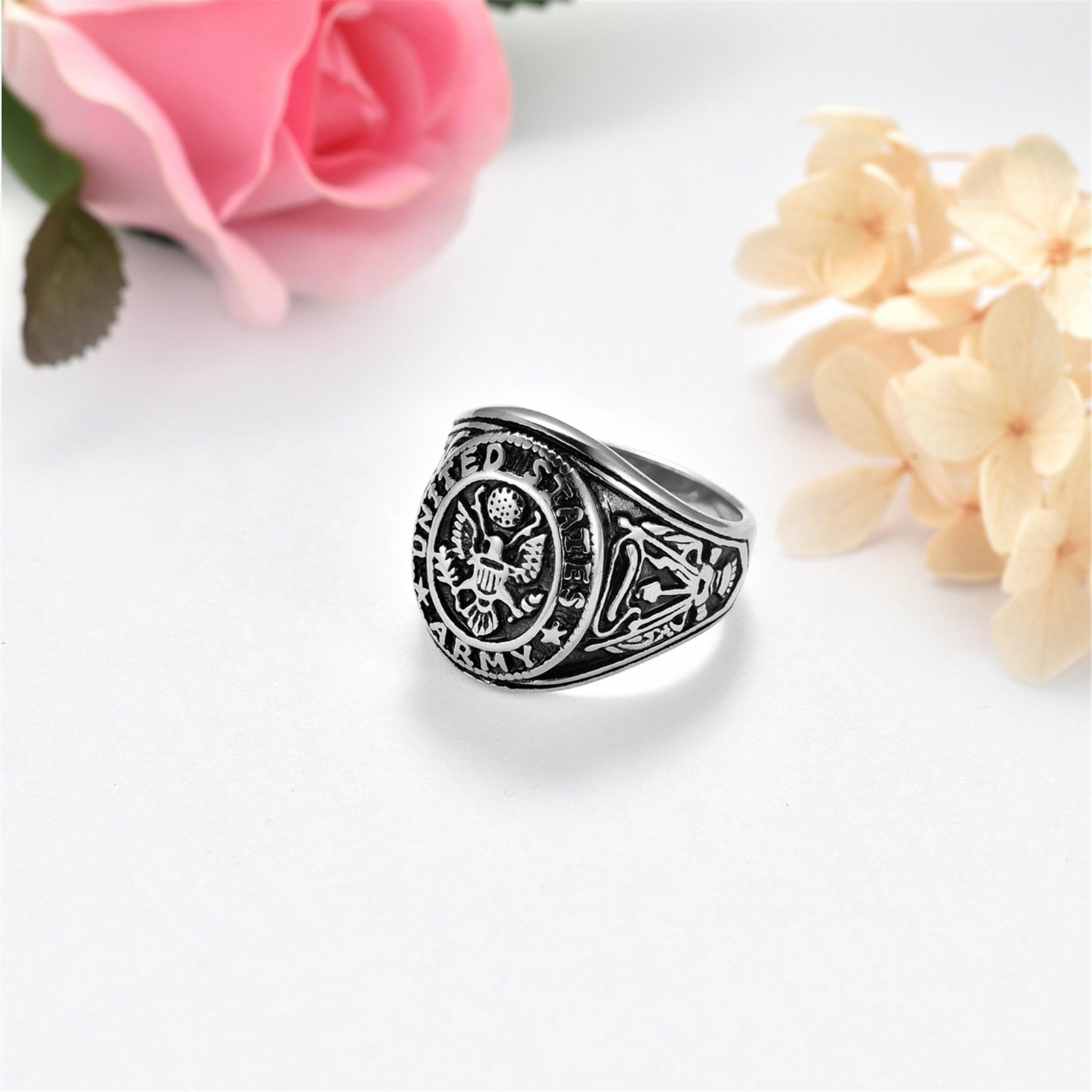 Stainless Steel Gold Plated Eagle US Army Ring Army Seal Biker Band for Men
