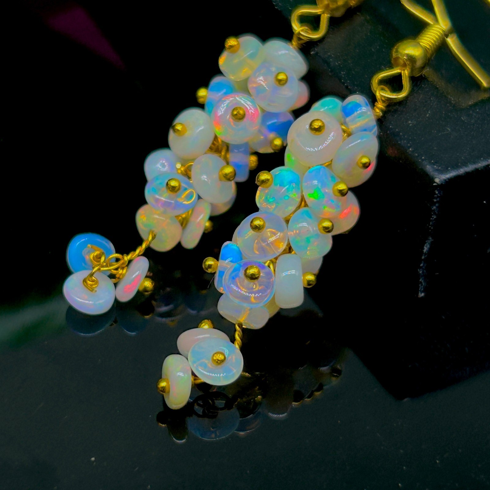 Ethiopian White Opal Gemstone Beads Cluster Earring, Multifire Opal Beaded Gold
