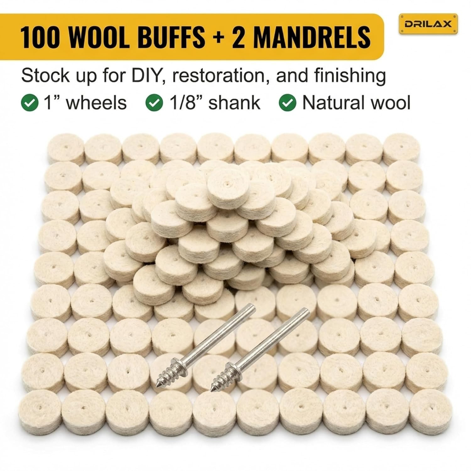 DRILAX 100 Pcs Wool Felt Buffing Polishing Wheels Compatible with Dremel 1 inch