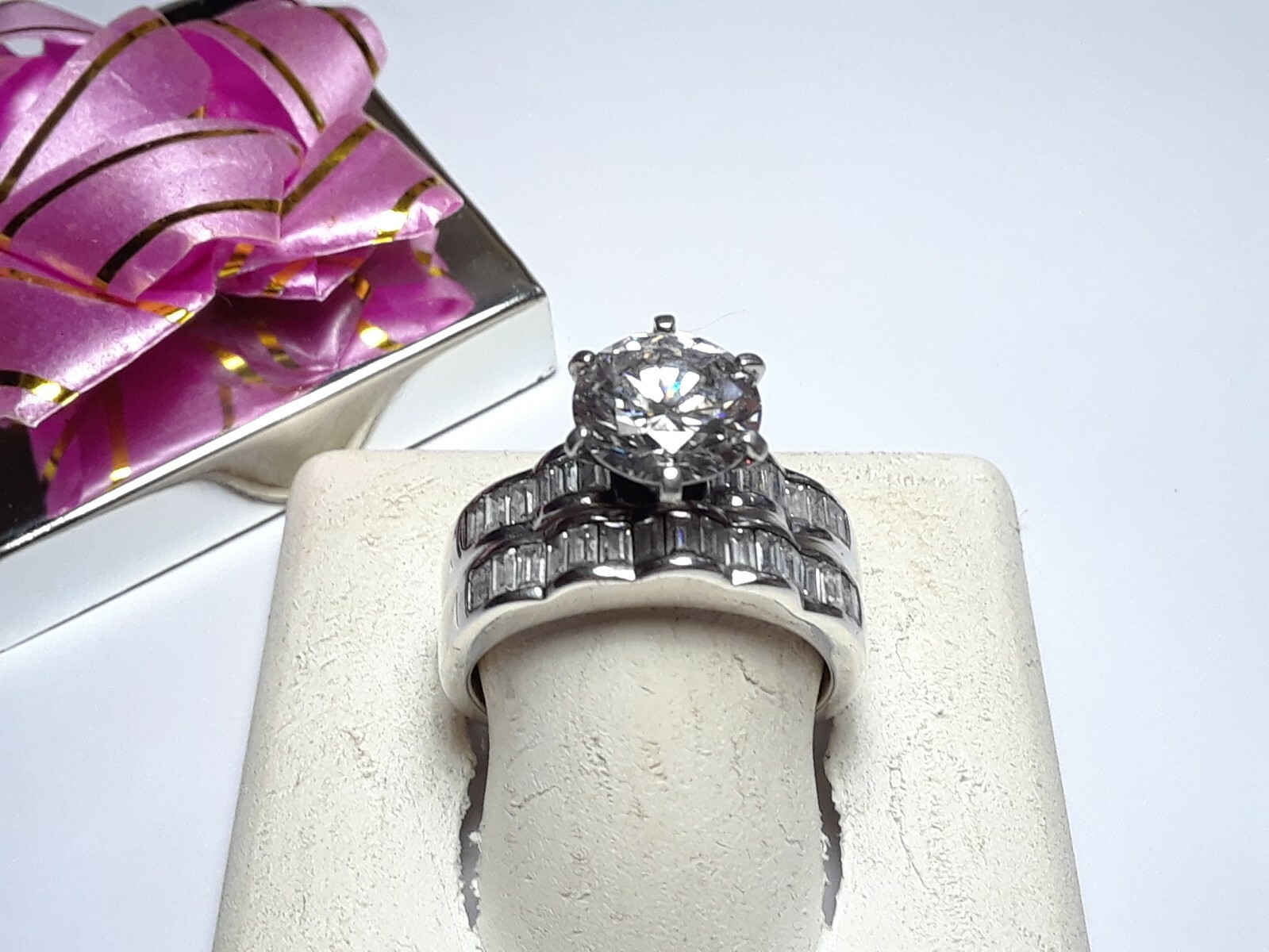 4.0cttw Round & Baguette CZ Channel Sterling Silver Bridal Engagement Set #15482