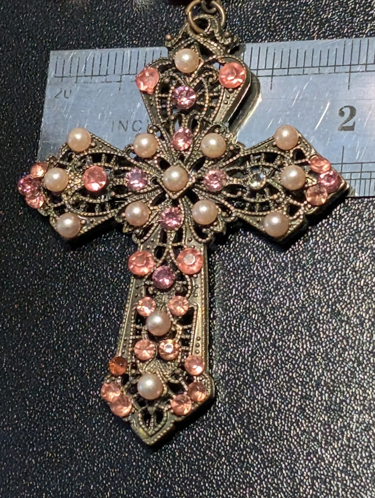 Bijoux Terner Pink Pearl Bead Cross Pendant Necklace Rhinestone Antique Bronze