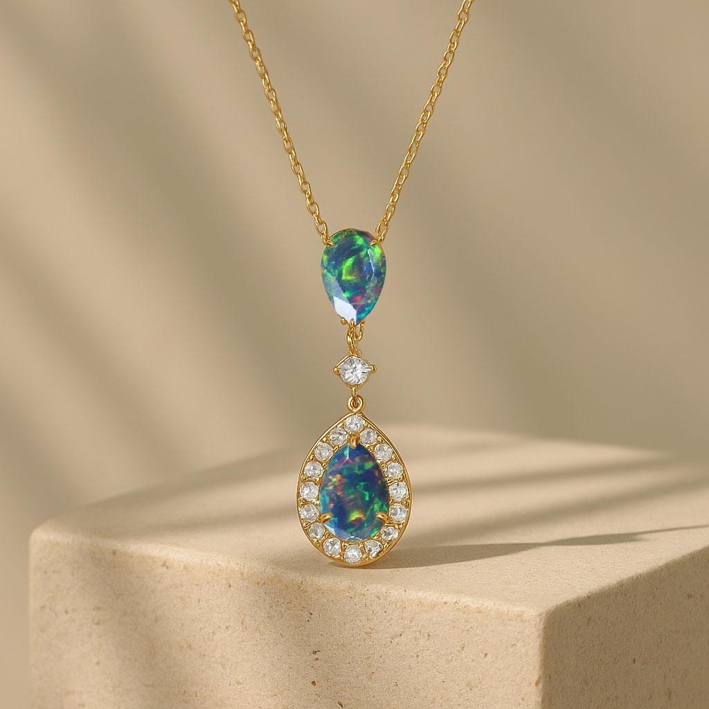 AAA Black Opal Gemstone Long Charm Pendant, Genuine Opal Chain Pendant Necklace