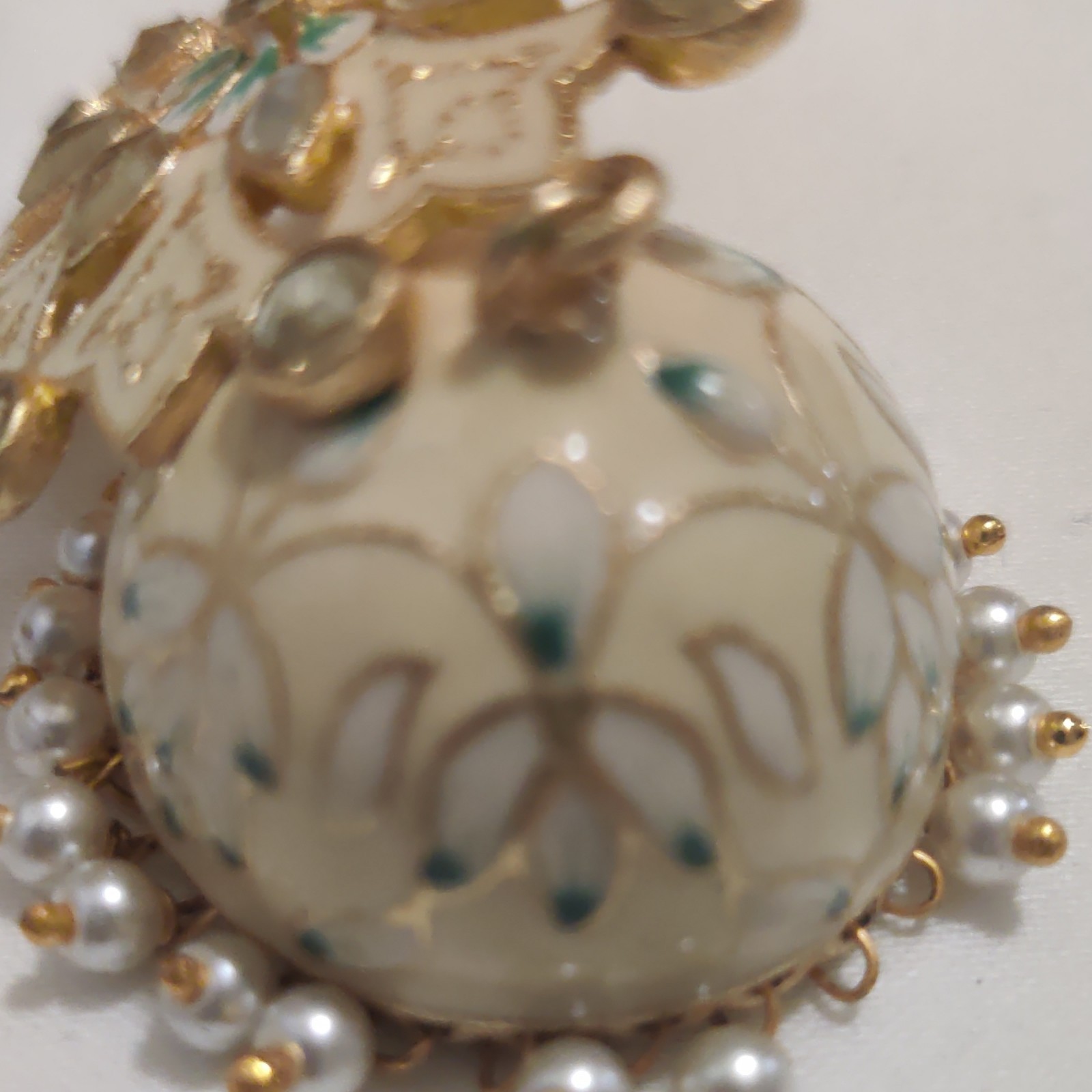 Gold Plated Flower Jhumka Dangle Earrings, Enamel Simulated Pearl Rhinestone