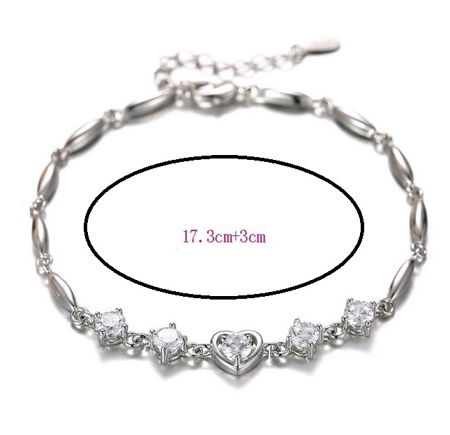 6-8″ Silver Plated Cubic Zirconia Crystal Heart Bracelet Chain Gift B15